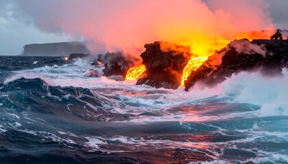 Fiery lava flows into the ocean