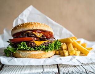 Double cheeseburger with fries on parchment paper