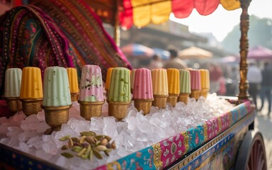 Colorful kulfi ice cream popsicles displayed on ice at a street food cart