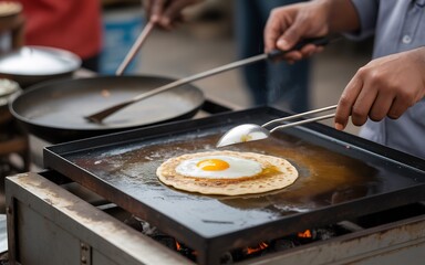 Street food vendor cooking an egg on a flatbread on a hot griddle, preparing a delicious meal