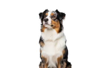 Attentive adult tri-color Australian Shepherd dog sitting on a pure transparent studio background with copy space, head tilted, intelligent gaze upwards, concept for pet product advertising