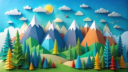 A Vibrant Papercraft Landscape Featuring Majestic Mountains, Lush Evergreen Forests, and a Serene Sunny Sky, Ideal for Illustrating Environmental Themes or Promoting Eco-Friendly Products