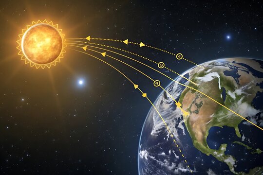 Solar flares erupting from the sun showering earth with energy particles and magnetic field lines in deep space