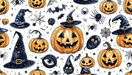 Halloween pattern with pumpkins, hats, and spooky elements