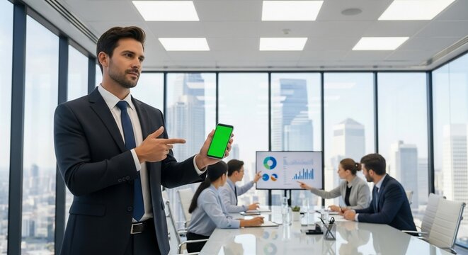 Confident businessman presenting data on smartphone during a meeting in modern office with city view, showcasing progress and teamwork.