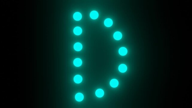 Flashing light blue dot matrix letter D on black background