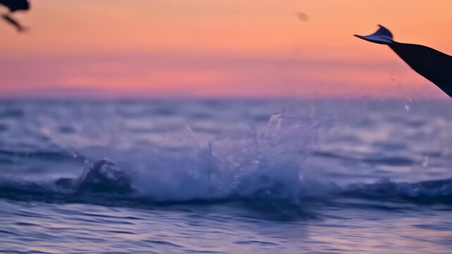 Silhouetted dolphin leaps from ocean waves at sunset, creating a spray of water against a soft pink and purple sky