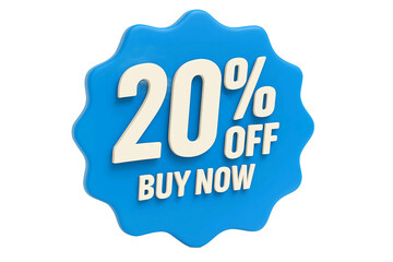 Bright blue starburst sticker with twenty percent off and buy now text isolated on transparent background