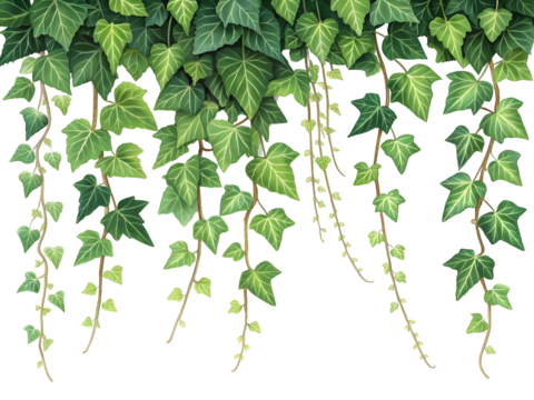 Detailed Realistic Illustration of Lush Green Ivy Vines with Varied Leaf Sizes and Shapes Hanging , Showing Intricate Vein Detail in the Leaves and Stems, png file
