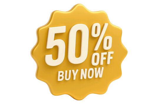 Golden 3d starburst badge with 50 percent off and buy now text isolated on transparent background