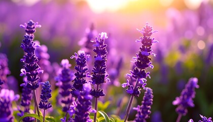 Obraz premium Vibrant purple lavender field at sunset