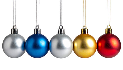  Five decorative Christmas balls suspended on strings in mixed colors and heights. Shiny surfaces, festive holiday concept, isolated on transparent background for design and seasonal illustrations