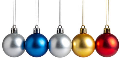  Five decorative Christmas balls suspended on strings in mixed colors and heights. Shiny surfaces, festive holiday concept, isolated on transparent background for design and seasonal illustrations