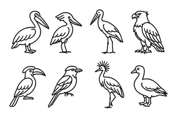 Obraz premium Elegant bird outline collection with diverse bird species in monochrome
