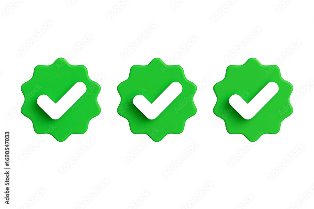 Poster three green checkmark badges with a dark tick symbol isolated on transparent background