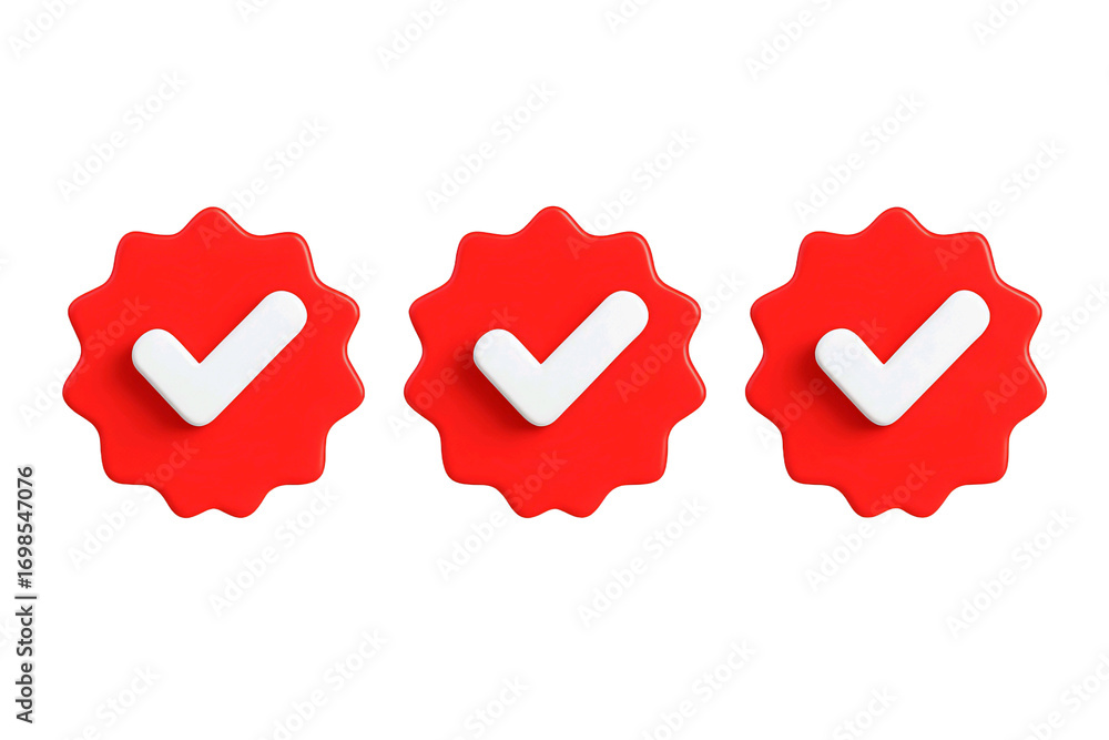 Poster three red verified badges with white checkmarks isolated on transparent background