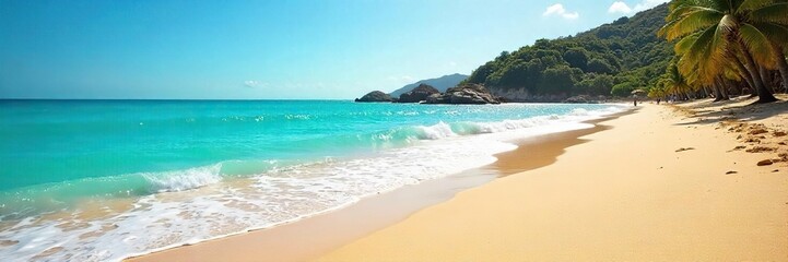Golden sand, sparkling turquoise water, and bright sunshine create a perfect idyllic beach scene Perfect for summer holiday, travel, or vacation themes , coast, bright, ocean