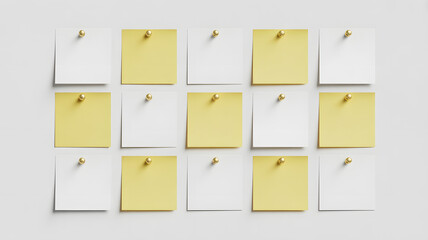 Blank Notes of Organization: An overhead shot of a structured assortment of organized, positioned sticky notes, representing reminders, plans, and creative space