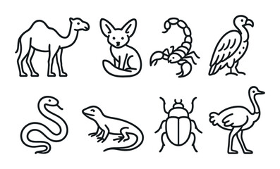 Obraz premium Desert animals icon set featuring camel, fennec fox, scorpion, vulture, snake, lizard, beetle, ostrich