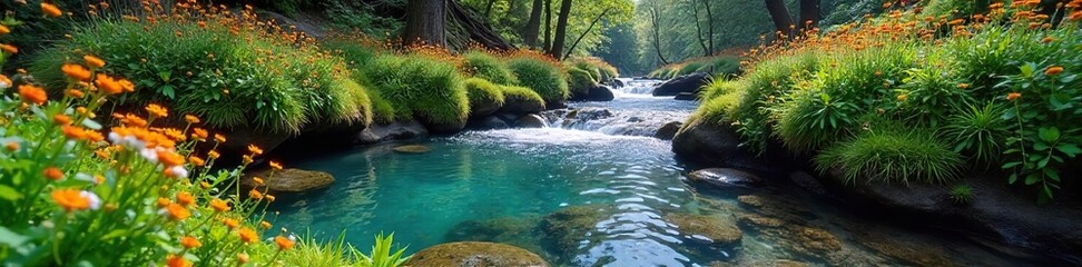 Crystal clear water flows from a mountain spring, surrounded by lush green moss and vibrant wildflowers in bloom The air is crisp and cool, a perfect escape to nature's tranquility , spring, pure