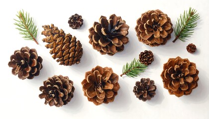 Assorted pine cones arranged on a white background