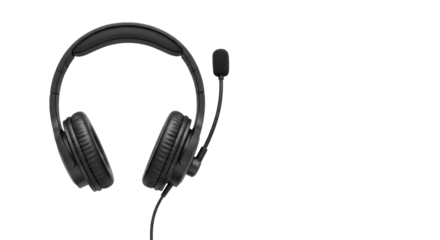 Black over-ear stereo headphones with plush earpads, boom microphone, and wired connection in flat lay on a transparent background with copy space, professional communication concept