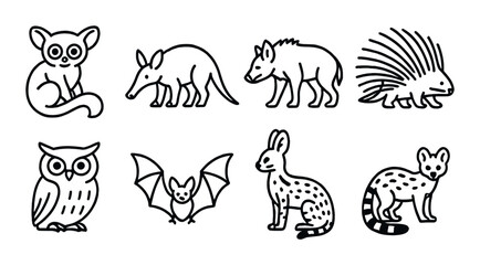 Obraz premium Stylized wildlife icons featuring lemur, aardvark, hyena, porcupine, owl, bat, hare, genet