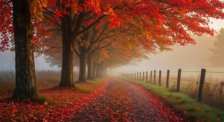Autumn Tree Line Path with Red Leaves and Misty Atmosphere