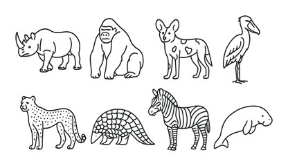 Doodle collection of jungle animals including gorilla, rhino, and zebra