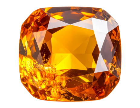 Glowing Amber Crystal Faceted Gemstone with Radiant Core, Front View, isolated on transparent background