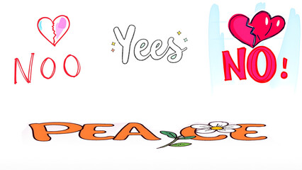 A set of hand-drawn doodle stickers for digital communication, featuring expressions of agreement, rejection, heartbreak, and peace with a retro vibe