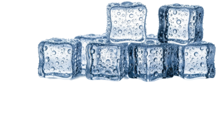 Crystal clear, melting ice cubes with spherical, reflective water droplets on a wet, reflective surface, transparent to light blue background with copy space, ultra-macro shot, high key studio