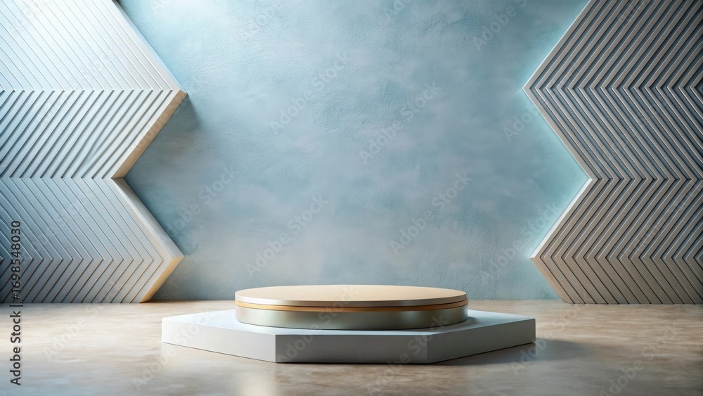 Poster elegant two-tone circular display platform on hexagonal base with modern geometric wall accents