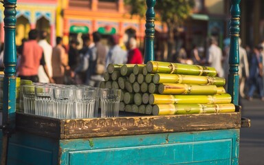 A closeup of a street vendors cart filled with fresh sugarcane stalks and glasses