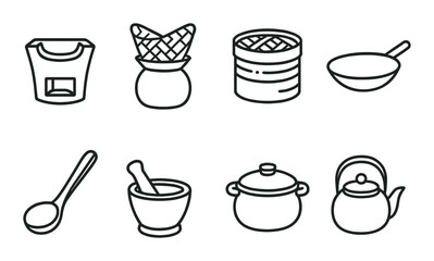 Fototapeta premium Traditional asian kitchen utensils icons: spoon, pot, steamer, kettle, wok, mortar