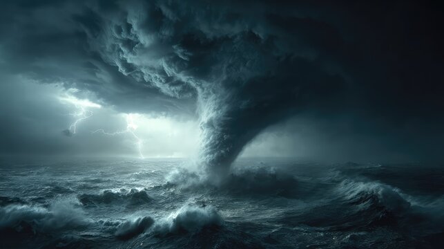 Vast waterspout dominates a tumultuous, dark ocean as fierce lightning electrifies the menacing storm clouds above.
