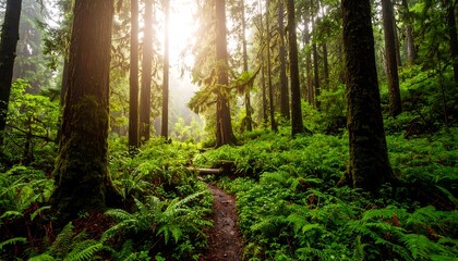 Obraz premium Sunlit forest path lined with lush ferns and towering trees scenery