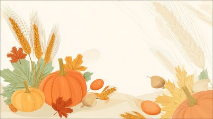 Harvest Festival greeting card with wheat stalks, pumpkins, and autumn leaves, high-resolution festive vector design, perfect for seasonal celebrations.