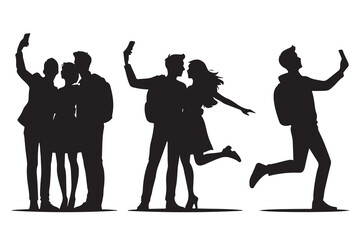Silhouettes of people taking selfies and running group