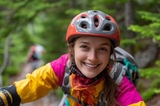 A smiling young woman enjoying a mountain bike ride through lush green forest trails on a summer adventure with her red and grey helmet and colorful jacket.