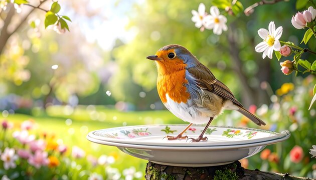 A robin perches gracefully on a decorative bird bath in a vibrant spring garden, bathed in sunlight.