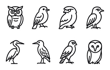 Minimalist bird icons on black background: owl, sparrow, heron, finch, crow, pigeon, nightingale, parrot