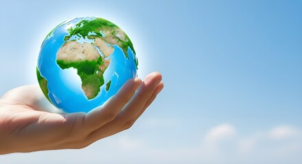Hand Holding Earth Globe Against Blue Sky