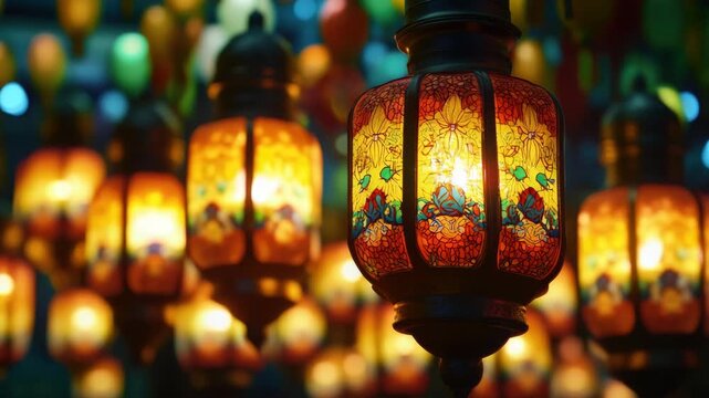 Vivid colored hanging lanterns, likely from Turkey, in a row of light and shadow. Artisanal craftsmanship visible.