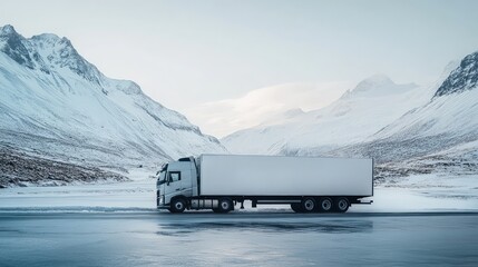 Modern heavy-duty truck with a blank white trailer navigating an icy mountain road, amidst majestic snow-capped peaks in winter.