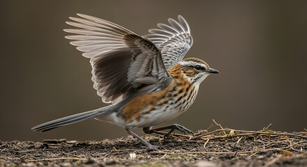 A small red-backed shrike, red-tailed hawk, and female house sparrow perch on a tree branch, their brown and grey feathers blending with the spring nature