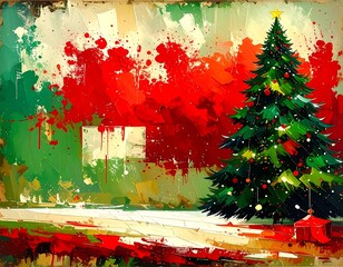Abstract Christmas tree with red and green splatters on a textured background