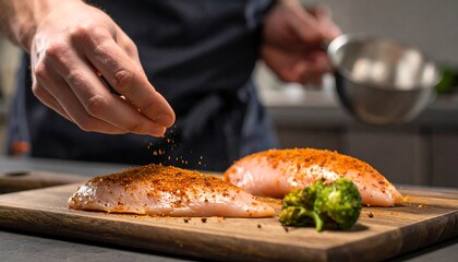 Hand seasoning chicken breasts on a wooden board with spice dust