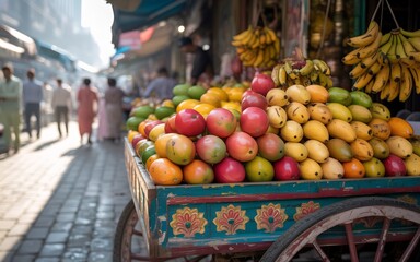 A vibrant street stall overflowing with fresh mangoes and bananas, showcasing a colorful market scene in india