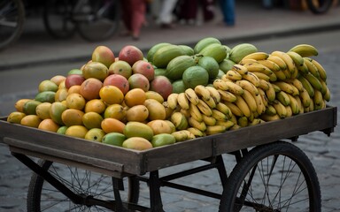 Closeup of a fruit cart piled high with ripe mangoes, green bananas, and other tropical fruits at an outdoor market